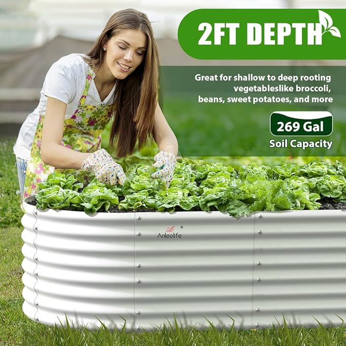 A ANLEOLIFE 6X3X2 ft Galvanized Raised Garden Beds Outdoor, Oval Large Metal Deep Root Planter Box for Planting Vegetables Flowers Herb, Anti-Rust & Easy-Setup, Antique White AAnleolife