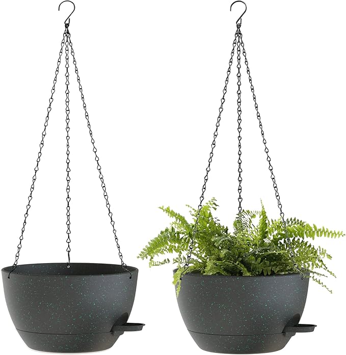 12 Inch Hanging Baskets 2 PC with Chains, Self-Watering Hanging Planters for Indoor Outdoor Plants, Plastic Hanging Flower Pots, Black with Green Speckles SQKH