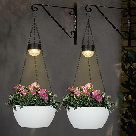 SUNNYPARK 2 Packs Hanging Planters Basket for Outdoor Plants, Solar Powered Self Watering White Round Plastic Flower Pots with Drainer for Balcony Patio Garden Outdoor Decoration SUNNYPARK