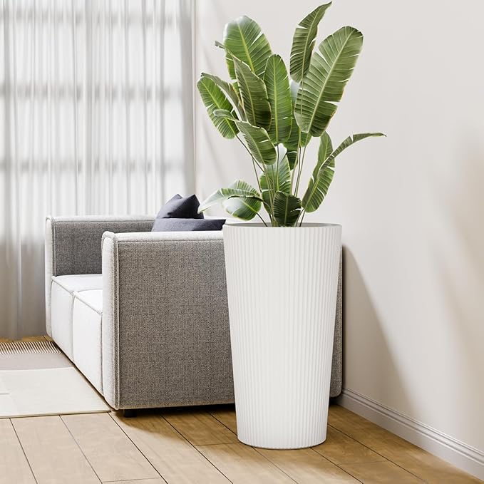 23.6" Tall Planters for Outdoor Plants,Large Outdoor Planters for Front Porch Decor with Drainage Hole, Flower Pots Fits Indoor Plants Patio/Garden, Plastic Striped White (2 Pack) Outdoorchairs
