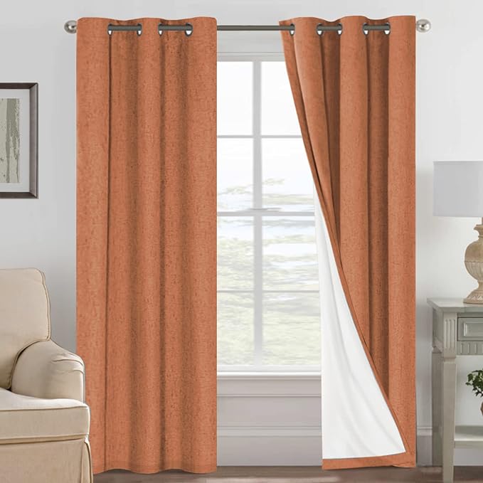 H.VERSAILTEX 100% Blackout Curtains for Bedroom Thermal Insulated Linen Textured Curtains Heat and Full Light Blocking Drapes Living Room Curtains 2 Panel Sets, Orange, 42x84 Inch HVERSAILTEX