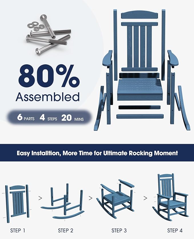 KINGYES HDPE Patio Rocking Chair Set of 4, Outdoor Rocking Chairs Porch Rocker for Adults, Navy KINGYES