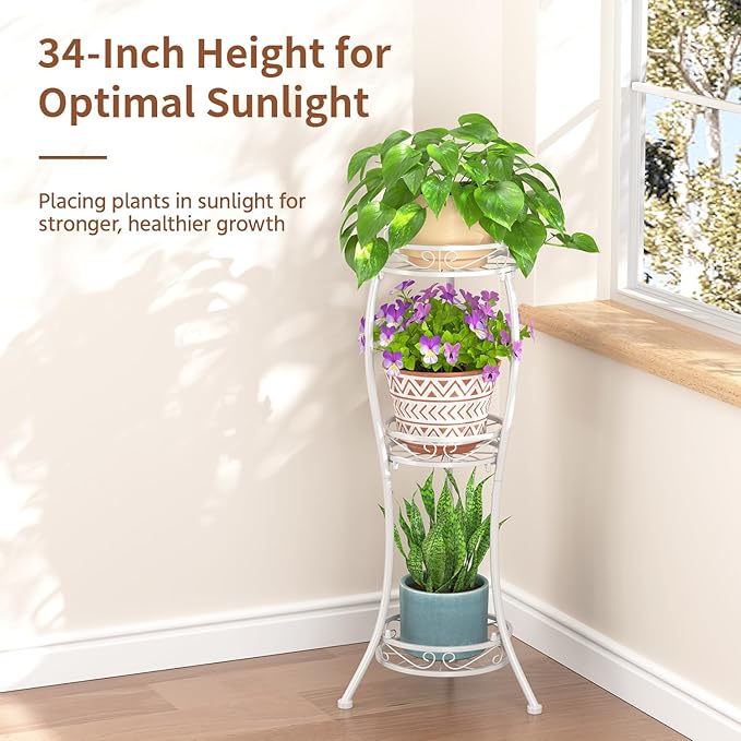 LASZOLA White 3 Tier Tall Plant Stand for Indoor Outdoor, Large Multiple Level Flower Planter Holder Organizer Rack for Patio Office Bathroom Corner Floor, Sturdy Heavy Duty Metal, Vertical Display LASZOLA