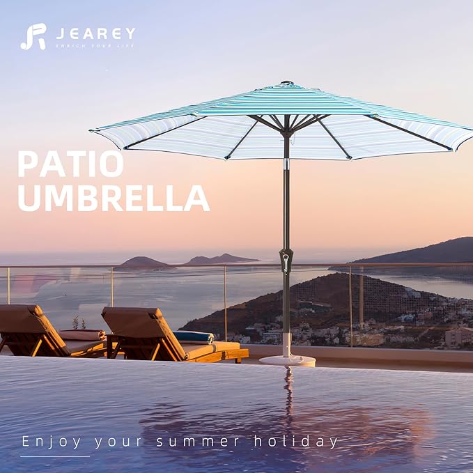 JEAREY 9FT Outdoor Patio Umbrella Outdoor Table Umbrella with Push Button Tilt and Crank, Market Umbrella 8 Sturdy Ribs UV Protection Waterproof for Garden, Deck, Backyard, Pool (Blue Green Stripe) JEAREYOutdoorsCollection