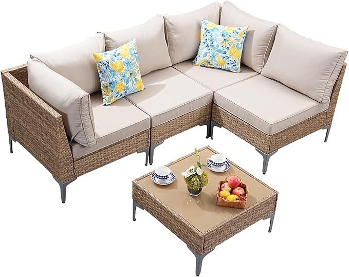 5-Piece Patio Furniture Set, Outdoor Wicker Sectional Sofa with Coffee Table, Anti-Slip & Thick All-Weather Cushions for Party, Garden, Backyard, Beige OutdoorPatioFurnitureSet