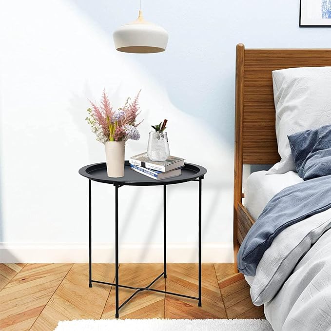Garden 4 you End Table 2 PCS Metal Side Table Black Round Folding Tray Cyan Sofa Small Accent Fold-able Table, Round End Table Tray, Next to Sofa Table, Snack Table for Living Room and Bed Room Garden4you