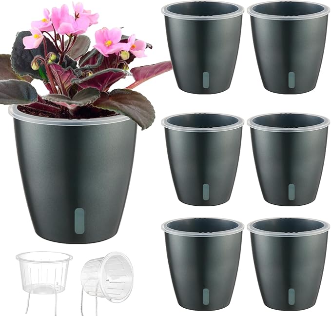 Self Watering Pots for Indoor Plants, 6-Pack 5'' Self Watering Planter with Drainage Holes, Small African Violet Pots with Water Indicator, Clear Wick Orchid Pot, Grey KvyusFlourish