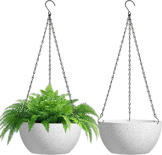 T4U 10 Inch Hanging Planters for Indoor Outdoor Plants - 2 Pack Plastic Hanging Flower Plant Pot with Drainage Hole, Round Hanging Plant Basket for Home Garden Porch Balcony Patio Decor (White) T4U
