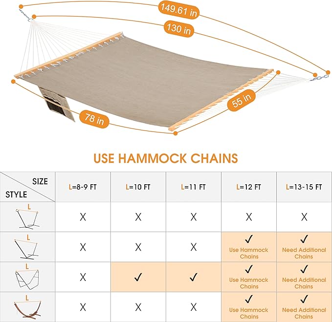 Lazy Daze Hammocks 11 FT Double Outside Hammock Quick Dry Olefin Fabric Hammock with Spreader Bar & Side Pocket for Outdoor Poolside Backyard 450 lbs Capacity, Khaki LazyDazeHammocks