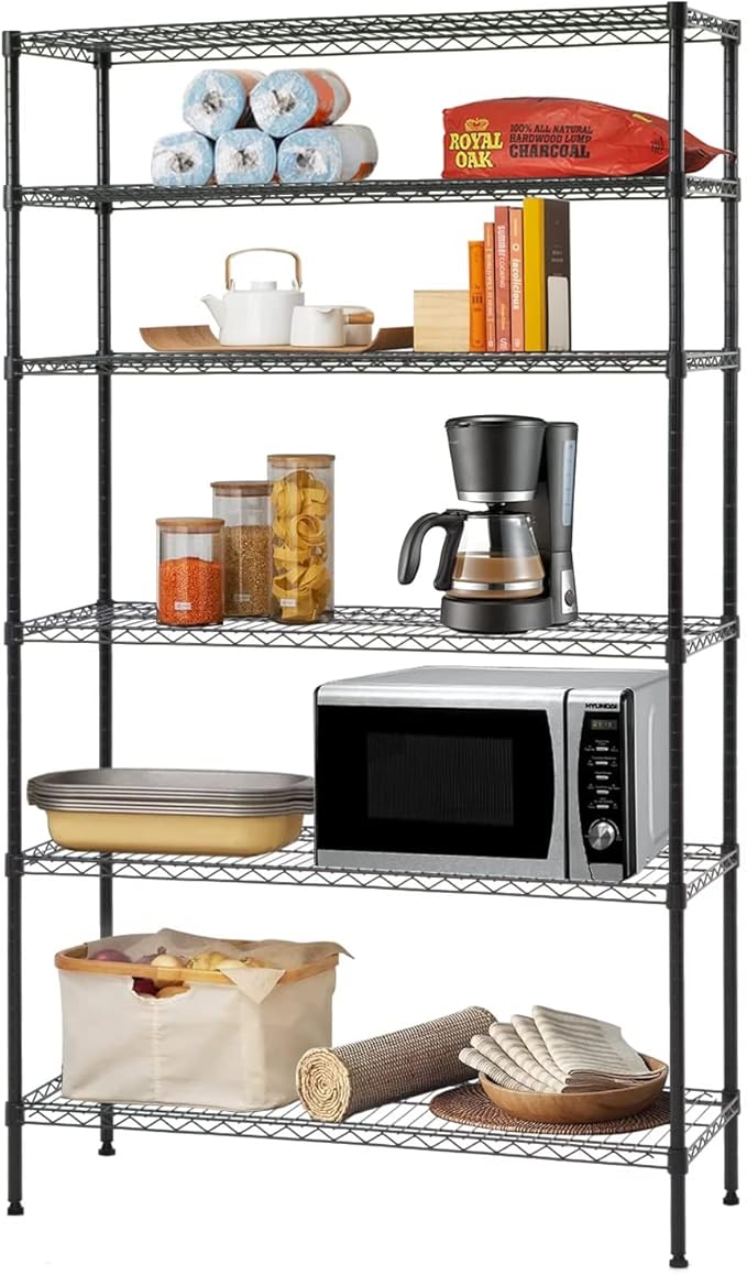 BestOffice | 6-Tier Wire Storage Shelves | 42x16x72 | Black | with Adjustable Racks | Heavy-Duty Metal Shelf, Holds Upto 1500 lbs | No-Tool Assembly | Ideal for Home & Garage Shelving BestOffice
