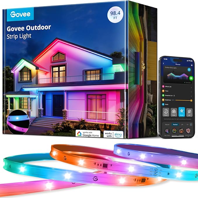Govee Outdoor LED Strip Lights, 98.4ft Smart Outdoor Lights Work with Alexa and Google Assistant, App Control, IP65 Waterproof, RGBIC Lights for Patio, Eave, Party Decorations Govee