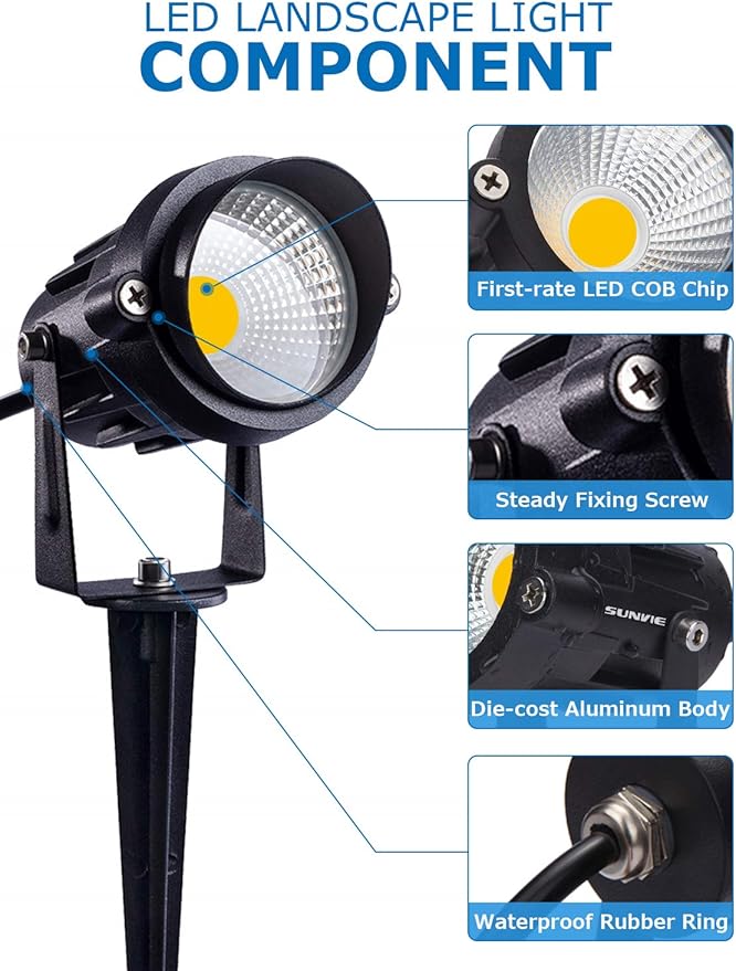 SUNVIE 12W Low Voltage LED Landscape Lights with Connectors, Outdoor 12V Super Warm White (900LM) Waterproof Garden Pathway Lights Wall Tree Flag Spotlights with Spike Stand (12 Pack with Connector) SUNVIE