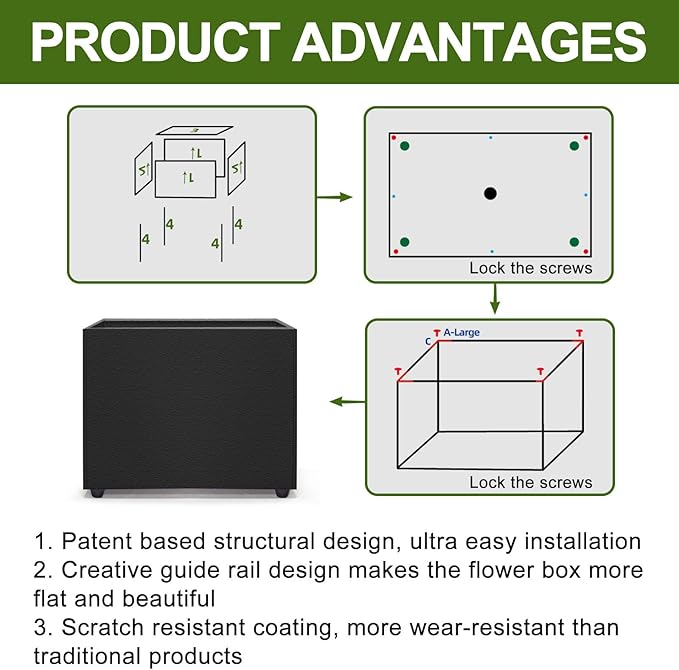 Planter Box Rectangular Block - 16×12×12IN Galvanized Steel Metal Long Box Planter Easy Installation Modern Outdoor Tall Planters All-Weather Use with Drainage Holes for Patio/Porch(Black) Zezgeuro