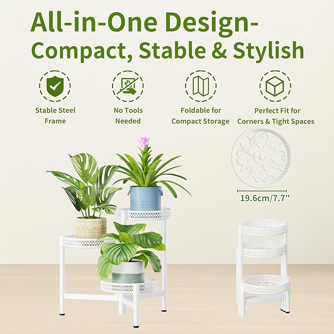 3 Tiered Tall Plant Stand Indoor Outdoor, Metral Plant Shelf for Corner Display Rack, Multi-Tier Folding Planter Pot Holder Flower Stand for Living Room Balcony Garden Patio - WhiteWave Rootora