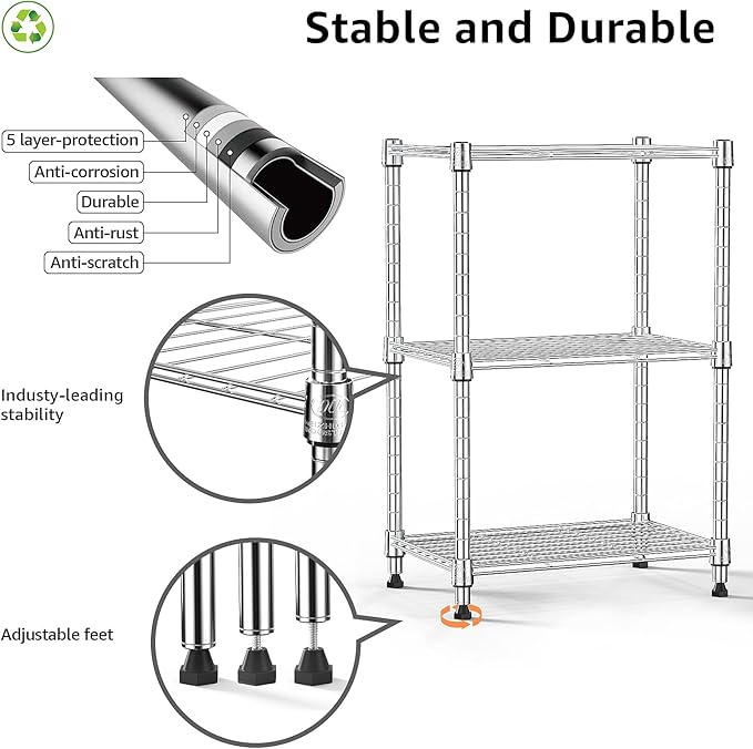 450 lbs Wire Storage Shelving 3-Tier Utility Shelving Unit Steel Organizer Wire Rack for Home,Kitchen,Office,Chrome(11.8" D x 17.7" W x 26.4" H) MEIGAOPLASTICANDMETALHKCOLIMITED