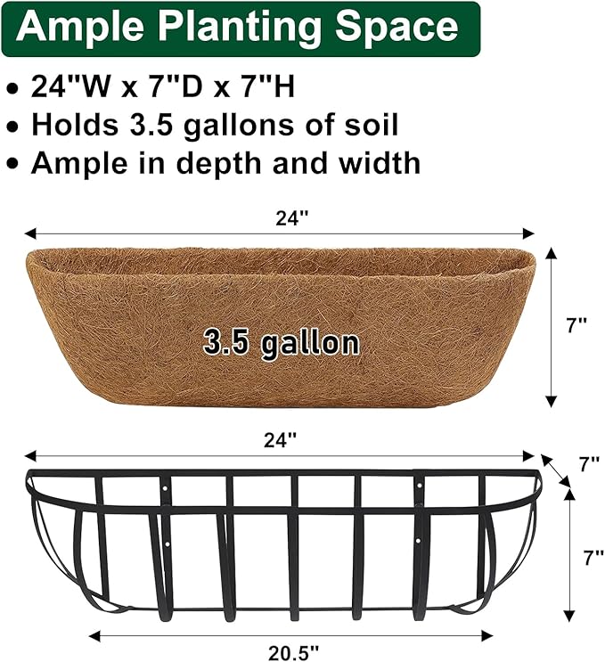 DUNCHATY Railing Planter Window Box - 4 Pack 24" Horse Trough Planter with Coco Fiber Liner - Deck Balcony Rail Planter for Porch Fence Patio Outdoor DUNCHATY