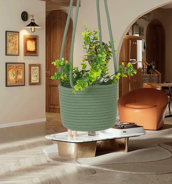 Hanging Planter Basket Jute Rope Woven Plant Hangers Indoor Hanging Plant Holder Up to 7" Pot Macrame Modern Storage Organizer Home Decor (Green) RUIZHIXUAN