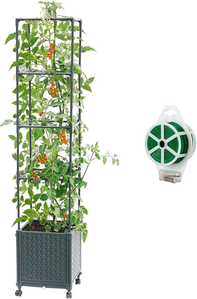 Raised Garden Bed with Tomato Planter Cage, 56.7” Trellis Planter Boxes with Wheels for Outdoor Patio Greenhouse Gardening Climbing Vegetables MakeYourGardenBeautiful