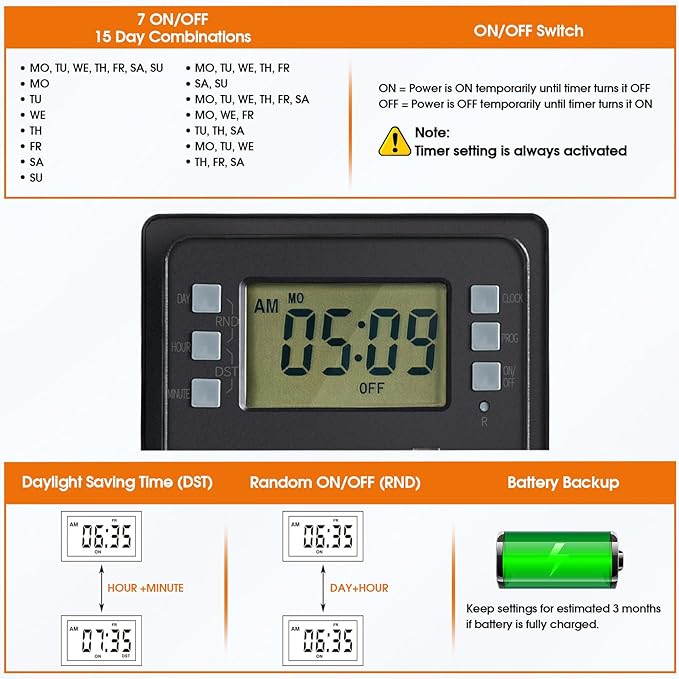 SURAIELEC Outdoor Power Stake, 7-Day Programmable Digital Timer, Power Strip Weatherproof, 6 Multi Plug Electrical Outlet Waterproof, 6FT Extension Cord for Outdoor Light, Outside Halloween Decoration SURAIELEC
