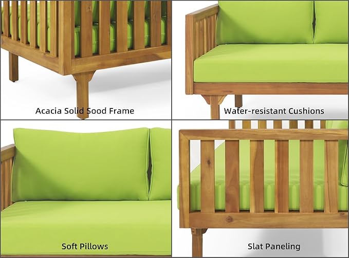 Merax Outdoor 3 Seater Daybed, Acacia Wood Day Bed Couch Sofa with Cushions for Patio Backyard, Garden, Green Merax