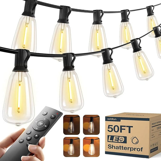 addlon 50FT LED Outdoor String Lights with Remote Waterproof Patio Lights with 16 Shatterproof ST38 Replaceable Bulbs(1 Spare), Dimmable Outside Hanging Light Connectable for Porch, Backyard addlon