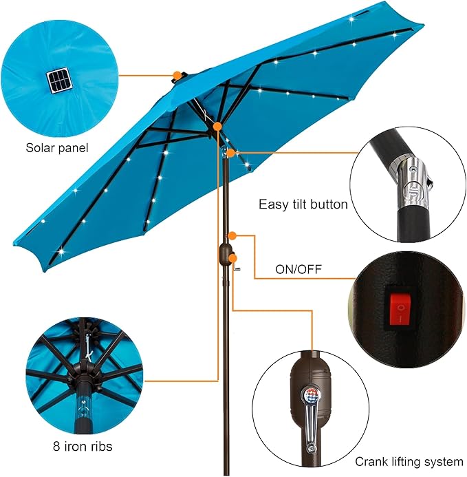 Blissun 9 ft Solar Umbrella, 32 LED Lighted Patio Umbrella, Table Market Umbrella, Outdoor Umbrella for Garden, Deck, Backyard, Pool and Beach (Light Blue) Blissun