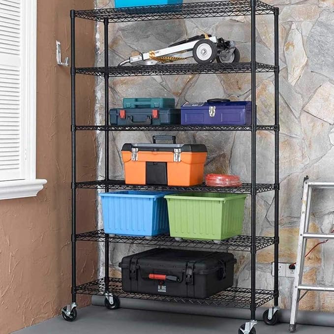 BestOffice | 6-Tier Wire Storage Shelves with Wheels | 18x48x78 | Black | Adjustable Racks | Heavy-Duty Metal Shelf, Holds Upto 600 lbs | No-Tool Assembly | Ideal for Home & Garage Shelving BestOffice