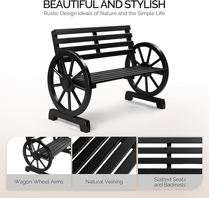 VINGLI Rustic Wooden Wheel Bench Outdoor Bench, Patio Bench Wagon Slatted Seat, Garden Benches for Outdoors 350lbs High Capacity, Weather Resistance (Black, 41in) VINGLI