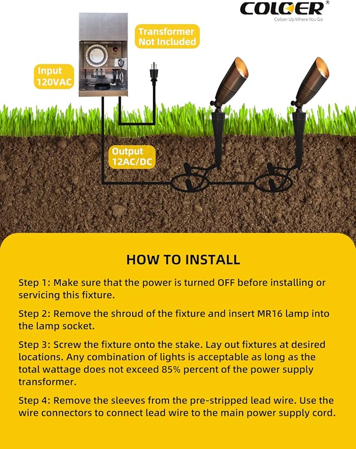 COLOER Brass Landscape Spotlights, 6 Pack Landscape Light Fixture with 5W Aluminum Housing MR16 LED Bulb 2700K 450LM,12V AC/DC Low Voltage Outdoor Spot Lighting,Uplight for Garden and Patio(102B) COLOER