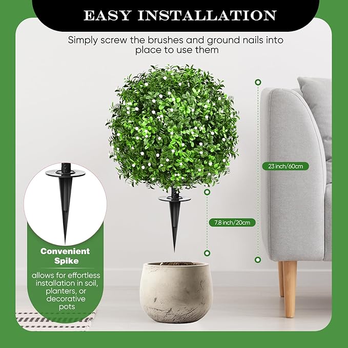 Artificial Topiary Bushes for Outdoors with Spike, Boxwood Ball Fake Shrubs UV Resistant Faux Plants for Indoor Outdoor Fall Thanksgiving Halloween Decor (Gypsophila Boxwood White-2 Packs) FAJUNZH