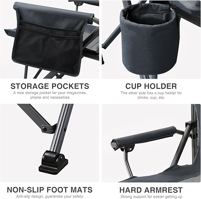 EVER ADVANCED Oversized Folding Camping Chair, for Adults Heavy Duty Lawn Chair with Side Pockets, Portable Collapsible Quad Chair for Outside, Support Up to 500lbs, Grey EVERADVANCED