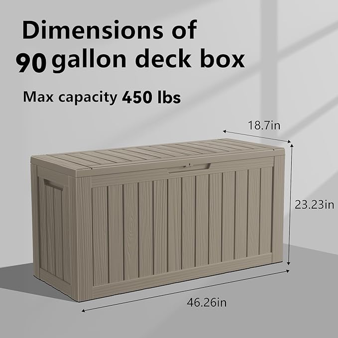 90 Gallon Resin Deck Box, Lockable Patio Outdoor Storage Box for Furniture, Garden Tools and Tools Storage, Waterproof Outside Storage Boxes - Grey OutdoorLivingPerfected