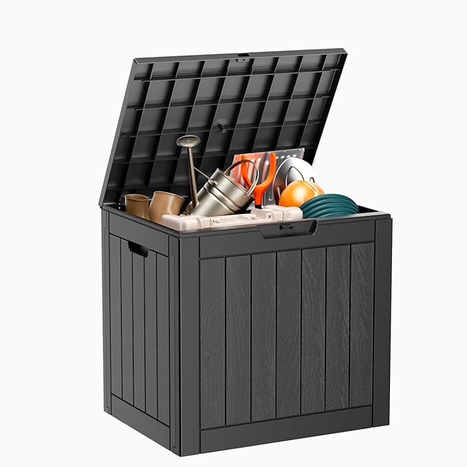 31 Gallon Resin Deck Box, Lockable Patio Outdoor Storage Box for Furniture, Garden Tools and Tools Storage, Waterproof Outside Storage Boxes - Black OutdoorLivingPerfected