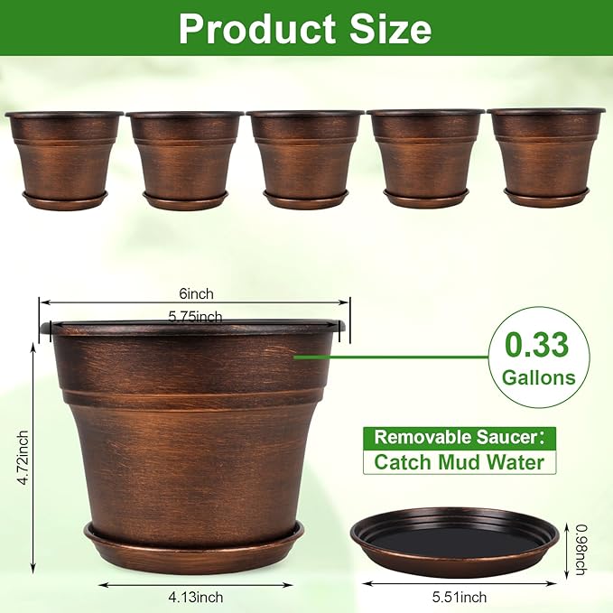 Plant Planters Pots Set of 6 Pack 6 Inch, Plastic Flower Pot For Indoor Plants With Drainage Holes & Trays, Resin Decorative Container Sets With Saucer For House Outdoor Garden Planters Dark Gold Fodetyff