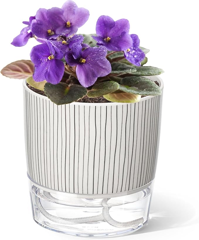 Self Watering Pots for Indoor Plants, 4 and 5.3 Inch, Plastic, Black Stripes, Round, Modern, Tabletop Samhe