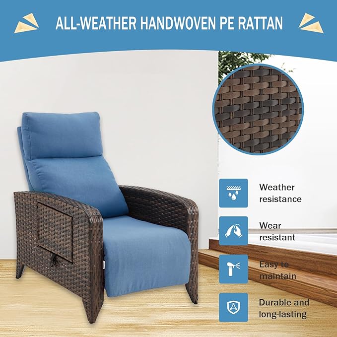 Upgraded Outdoor Recliner Chair, Reclining Patio Chairs with Adjustable Back up to 150°Lay Flat and Extended Footrest, Wicker Recliner Chairs with Flip Table and Removable Olefin Cushion zzw
