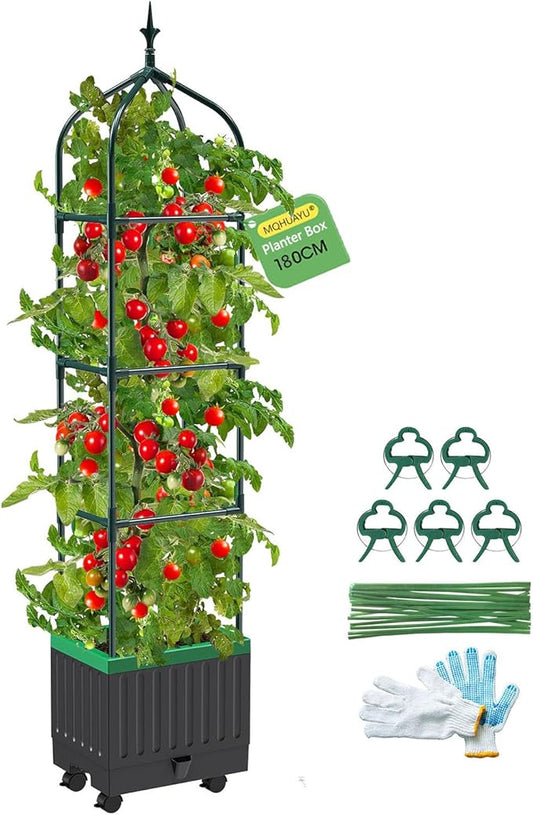 Raised Garden Bed Planter Boxes with Trellis,1pcs 70.9"Self-Watering Tomato Planter Boxes with Trellis for Climbing Vegetables Plants Flowers Tomato with Wheels,Use for Indoor Outdoor (Black) MQHUAYU