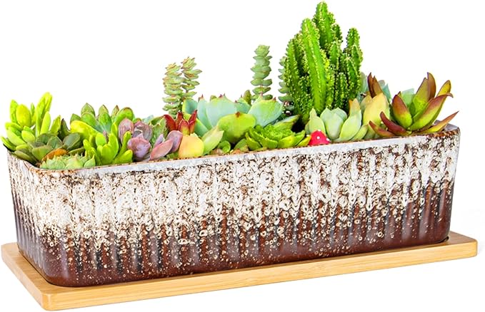 Succulent Pots - 12 Inch Large Succulent Planters with Drainage Tray, Window Sill Planter, Long Rectangle Ceramic Pots for Indoor Cactus Plants Shallow Bonsai Window Box for Home Garden Decor ARTKETTY