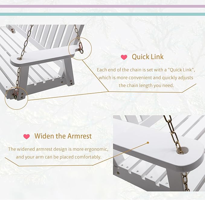 Anraja Wooden Porch Swing 2-Seater, Bench Swing with Hanging Chains, Heavy Duty 800 LBS, for Outdoor Patio Garden Yard, 4 Ft, White Anraja