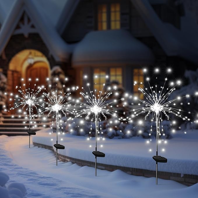 Solar Garden Firework Lights Outdoor Waterproof, 2 Pack Solar Powered Art Stake Twinkle Lighting for Outside Decor, 120 LED Sparklers String Lights for Yard Pathway Decorations(White) SolarEra-FREETOSHINE