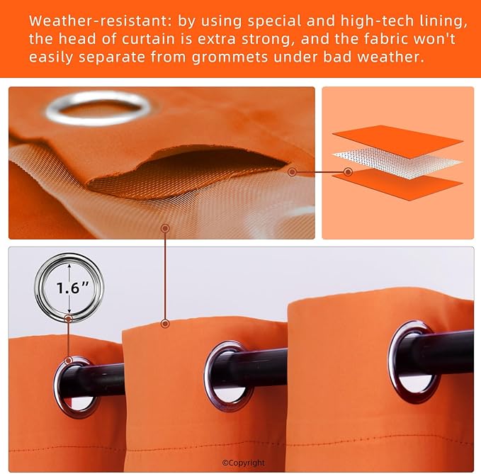 Waterproof Outdoor Curtain W52 x L84 - Grommet Top Sunlight Blocking Window Treatment Drapes Blackout Curtains for Home Bedroom Living Room Outdoor Patio Porch Pergola (Orange, 2 Panels) DivaenCamino