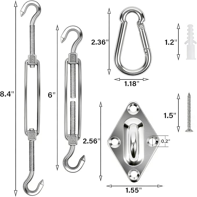 YOFIT 40 Pcs Shade Sail Hardware Kit, 6 Inch Outdoor Sun Sail Accessories, 304 Stainless Steel Turnbuckles & Brackets for Triangle/Rectangle Sails, Patio Canopy Installation Hardware Set Waterproof yofit