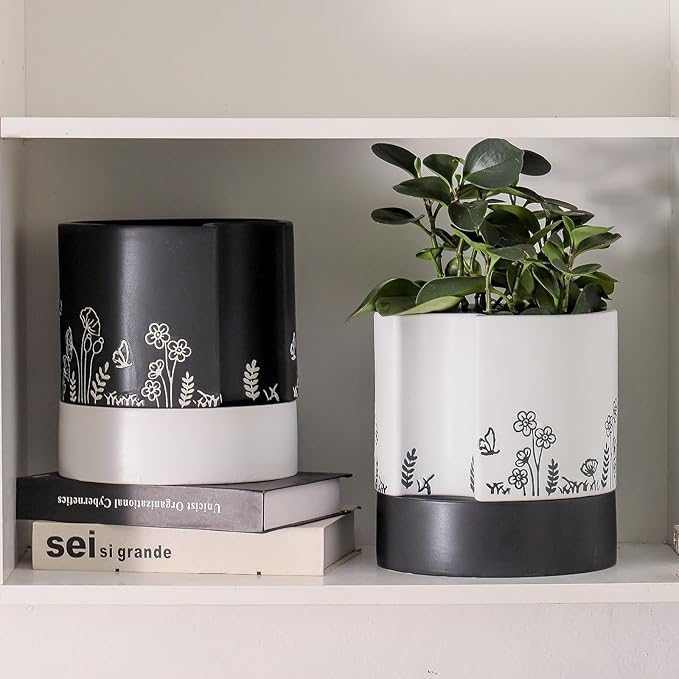 Nihow Self Watering Plant Pot: 8 Inch Ceramic Planter with Drainage Hole & Water Storage Plus for Indoor & Outdoor Plants - Cylinder Round Flower Pot for Succulent/Herbs/Violets - Black Nihow