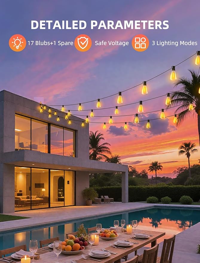 Outdoor Patio String Lights 50ft: ST38 LED Shatterproof Bulbs 3 Modes Button Control - Waterproof Connectable Lights - Wedding Bistro Party Backyard Gazebo Decorative Vozuji