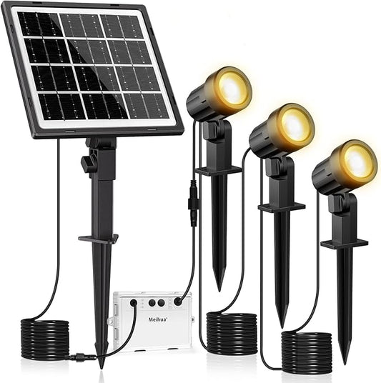 MEIHUA Solar Spot Lights Outdoor, 3 in 1 Landscape Spotlights 2700K Warm White, 3 Lighting Modes & 3 Brightness, IP66 Waterproof Solar Lights Outdoor Garden for Pathway Driveway Yard Tree MEIHUA