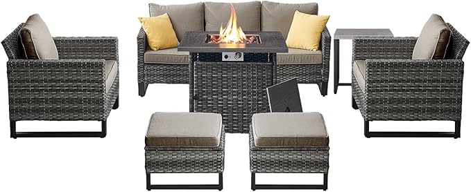 Belord 7 Pieces Patio Furniture Set with 50000BTU Propane Fire Pit Table: Wicker Patio Conversation Set with Outdoor Club Chairs Patio Couch Metal Side Table, All Weather Brown Rattan Belord