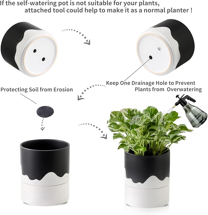 Nihow Self Watering Plant Pot: 6 Inch Ceramic Planter with Drainage Hole & Water Storage Plus for Indoor & Outdoor Plants - Cylinder Round Flower Pot for Succulent/Herbs/Violets - Black & Wave White Nihow
