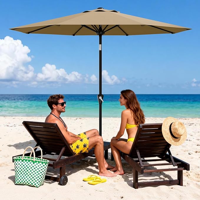 Garvee 10FT Patio Umbrella - Outdoor Table Umbrella with Smooth Crank Lift, Push Button Tilt and 8 Sturdy Ribs - Market Umbrella UV Protection Waterproof for Pool, Deck, Yard, Garden (Tan) Garvee