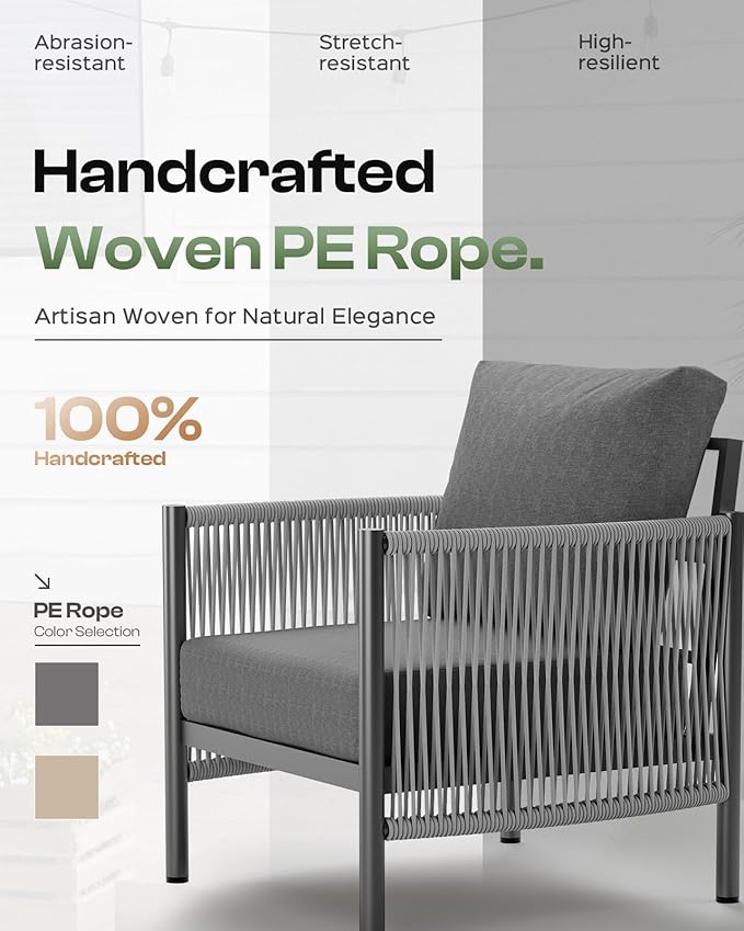 Aluminum Outdoor Patio Furniture Set with Dual-Layer Coffee Table, 4 Piece Modern Patio Conversation Sets with PE Rope, Outdoor Sectional Sofa with Thick Cushions for Balcony, Porch, Charcoal Oasbira