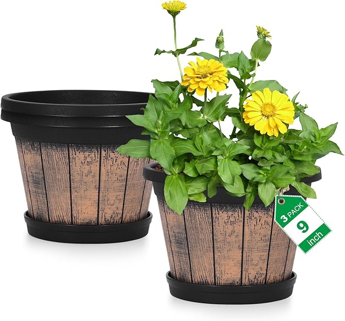 Quarut Plant Pots Set of 3 Pack 9 inch,Whiskey Barrel Planters with Drainage Holes & Saucer.Plastic Decor Flower Pots Imitation Wine Barrel Design,for Indoor & Outdoor Garden Home Plants (Brown) Quarut